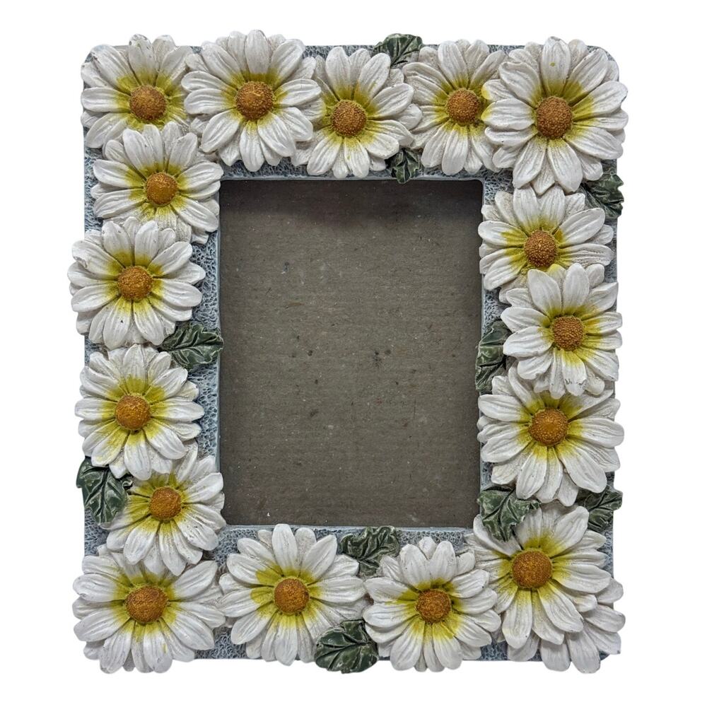 Vintage 90s Resin Daisy Picture Frame Floral White Yellow 3x2 Photo